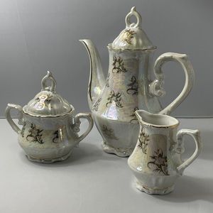 Japan Coffee Set Lusterware Pot Creamer  Sugar gold floral accent‎
